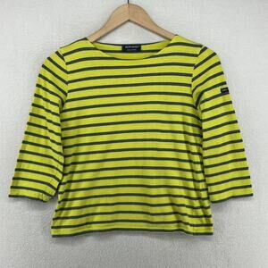 SAINT JAMES Top Womens 4 Striped 3/4 Sleeve Jersey Cotton Yellow Green FRANCE